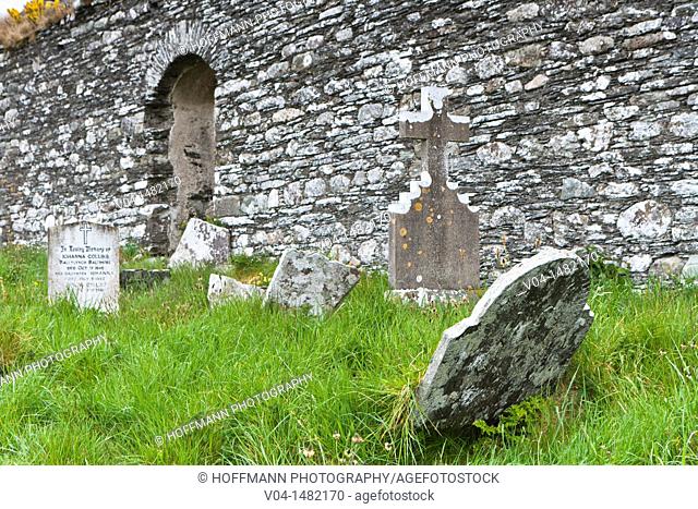 Detail of the church ruin and gravestones in Baltimore, County Cork, Ireland, Europe