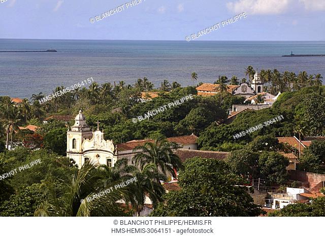 Brazil, Pernambuco, Olinda, Historic Centre listed as World Heritage of Humanity by UNESCO, Sao Pedro Church (aerial view)
