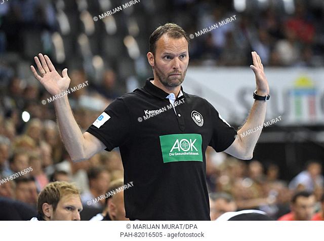 Germany's head coach Dagur Sigurdsson gestures during the international handball friendly match between Germany and Tunisia at the Porsche Arena in Stuttgart