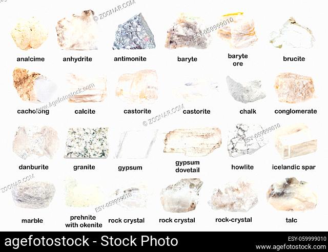 set of various unpolished white minerals with names (prehnite, danburite, analcime, analcite, brucite, gypsum, conglomerate, cacholong, anhydrite, rock-crystal