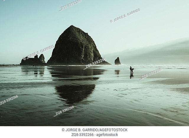 Cannon Beach is a small coastal city in northwest Oregon. Itâ. . s known for its long, sandy shore. Standing tall in the ocean
