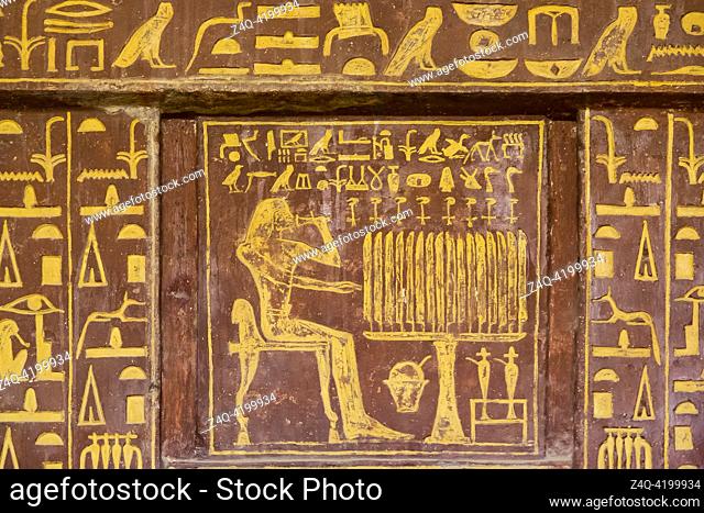 Egypt, Saqqara, tomb of Mehu, panel of a splendid false door, with vivid colors