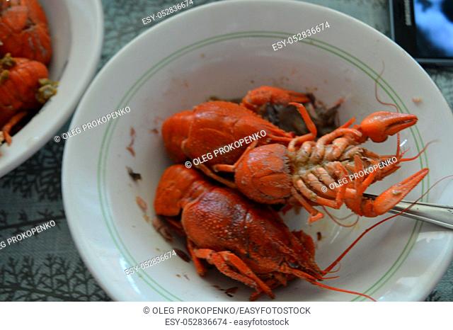 Prepared boiled crayfish in a plate