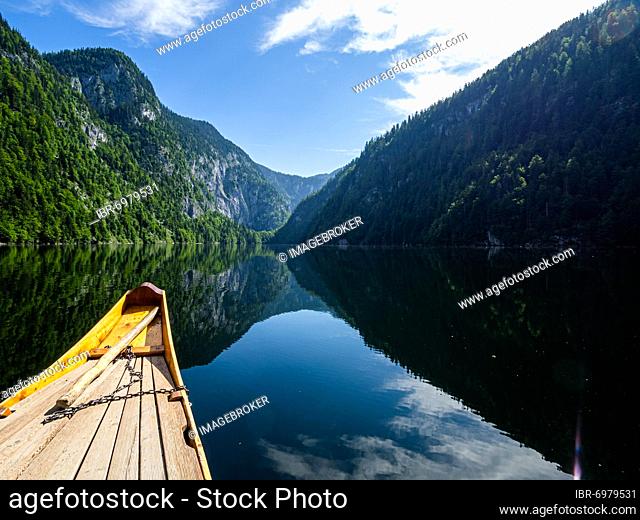 View of Lake Toplitz from a traditional barge, Salzkammergut, Styria, Austria, Europe