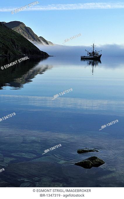 Longliner, trawler, fishing boat at Saglek Fjord, Torngat Mountains National Park, Newfoundland and Labrador, Canada