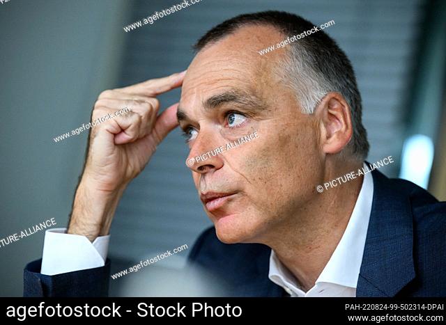 24 August 2022, Berlin: Berthold Huber, Member of the Board of Management for Infrastructure at Deutsche Bahn AG, makes his comments during an interview with...