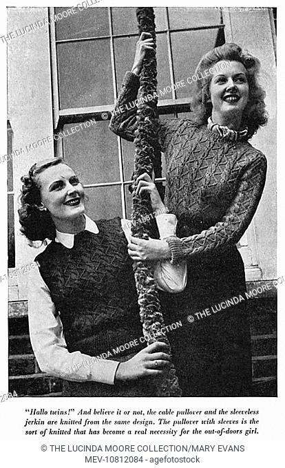 Two cheerful looking outdoors-types model a cable pullover and a sleeveless jerkin, made from the same knitting pattern. They hold on to a knotted woollen rope