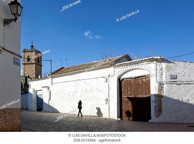 typical la mancha house and san antonio abad tower church. El Toboso is famous for appearing in the novel Don Quixote by the Spanish writer Miguel de Cervantes