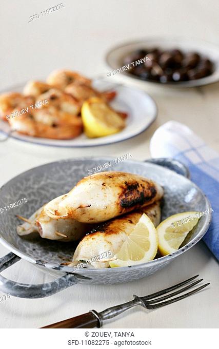 Grilled squid stuffed with feta cheese