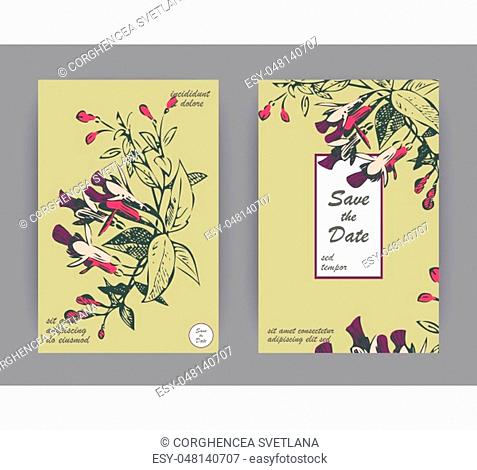 Botanical wedding invitation card template design, hand drawn fuchsia pink flowers and leaves, pastel vintage rural theme with square frame on white background