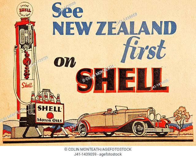 See New Zealand first on Shell, gasoline and petrol advert, 1930  Dave Bamford collection