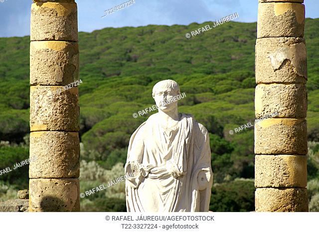 Tarifa (Cádiz) Spain. Sculpture of Trajan in the Palace of Justice (judicial basilica) in the archaeological site of Baelo Claudia