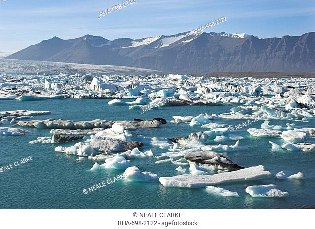 Icebergs in the glacial melt water lagoon at Jokulsarlon, Breidamerkurjokull, South area, Iceland, Polar Regions