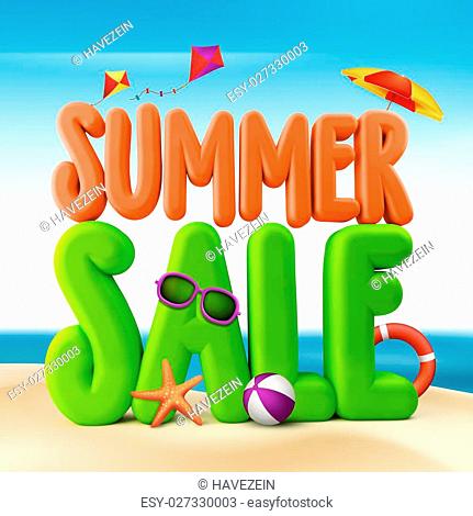 3D Rendered Summer Sale Text Title for Promotion in Beach Sea Shore with Flying Kites, Colorful Umbrella, Sunglasses, Ball and Starfish Illustration