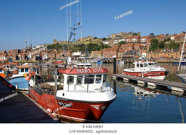 England, North Yorkshire, Whitby, A view of the fishing boats moored at Whitby Harbour