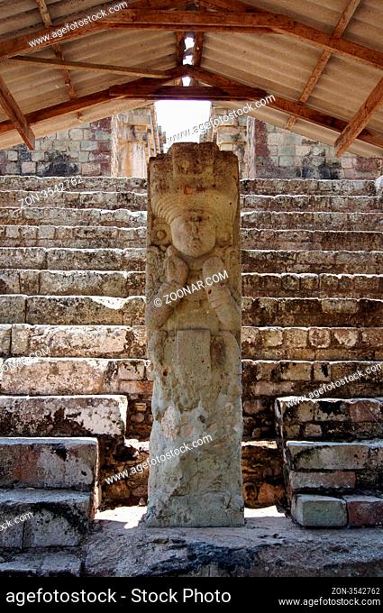 Mayan stela under roof in Copan, Honduras