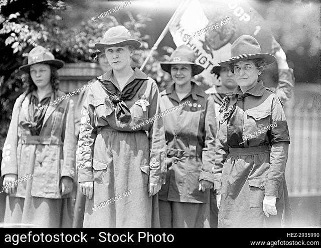 Girl Scouts - Troop #1. Mrs. Juliette Low, Founder, Right; Elenore Putsske, Center; Evaline.., 1917 Creator: Harris & Ewing