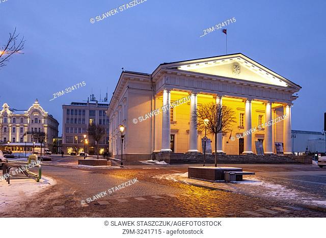 Winter dawn at the city hall in Vilnius old town, Lithuania