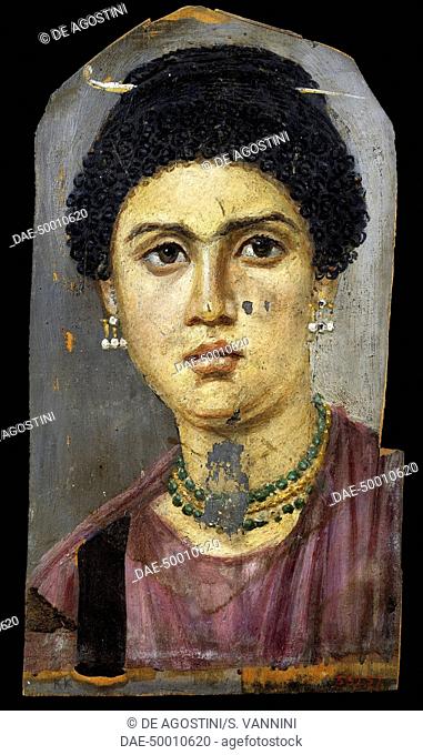 Portrait of Demos, young woman who died at 24, encaustic painting on wood, 38x21 cm, Roman era painting (1st-2nd century) from El-Faiyum, Egypt