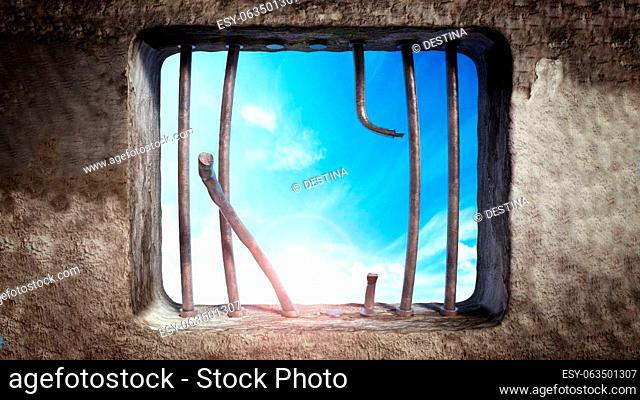 Prison cell with broken prison bars on the window. 3D illustration