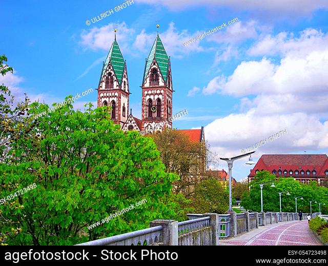 Church of the Sacred Heart, Freiburg, Black Forest, Germany, as seen as from the Wiwili-Brucke bridge