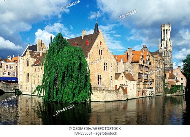 Rozenhoedkaai (Quay of the rosary) with Belfort tower, Bruges, Belgium