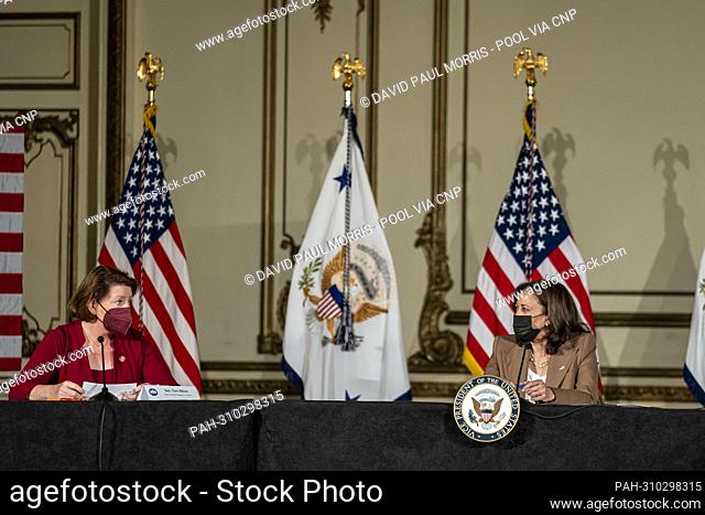 Senator Toni Atkins, California senate president pro tempore, left, speaks as United States Vice President Kamala Harris listens during a meeting with state...