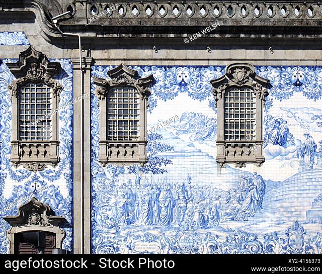 Porto, Portugal. Azulejos decorating the exterior of the Igreja do Carmo. The church was built in the mid-18th century. The tiles