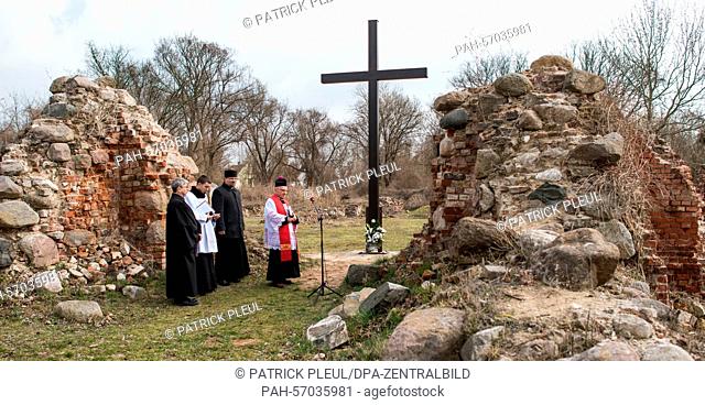 Clergymen from Poland and Germany take part in an ecumenical service at the ruin of the former Church of St. Mary, which is located on the fortress in the old...