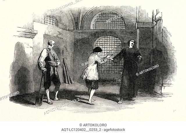 SCENE FROM BEETHOVEN'S FIDELIO, AT THE ROYAL ITALIAN OPERA, LONDON, UK; Grieve and Telbin's courtyard of the Spanish state prison