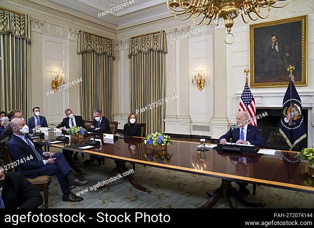 United States President Joe Biden meets with private sector CEOs in the State Dining Room of the White House in Washington D.C
