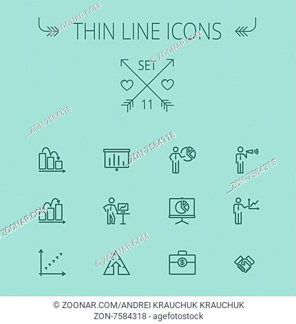 Business thin line icon set for web and mobile. Set includes- money bag, graph, roller screen, business presentation, pie chart icons