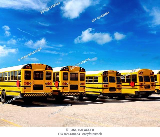American school bus row under blue sky
