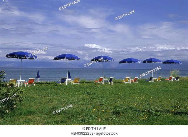 Greece, Corfu, Acharavi,  Sea, beach, meadow, deck chairs,  Parasols, vacation,  Ionic islands, island, vacation island, summer, sun, sea, heat, mediterran