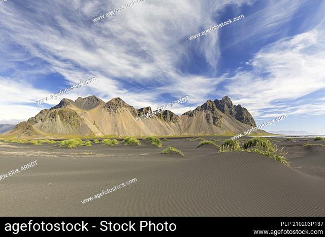 Vestrahorn / Vesturhorn, scree mountain made of gabbro and granophyre rocks, part of the Klifatindur mountain range at Stokksnes, Iceland