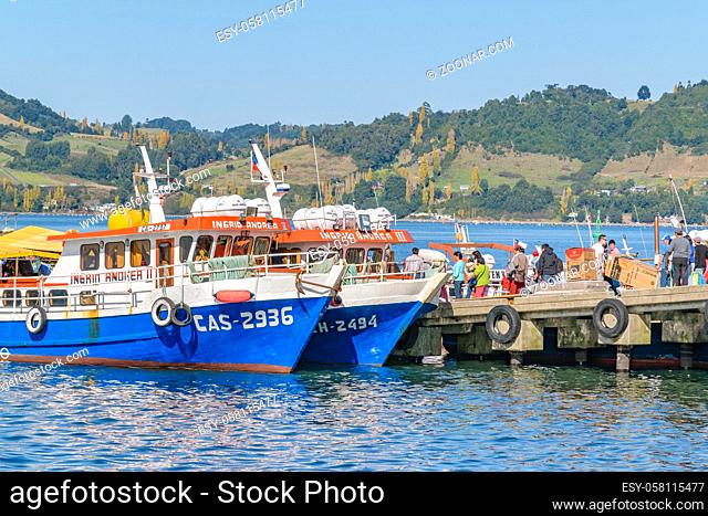 CHILOE, CHILE, APRIL - 2017 - Old fishing ships parked at lake in chiloe island, Chile
