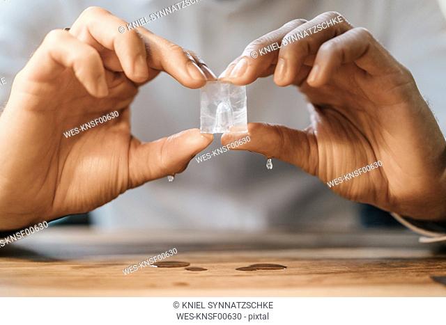 Hands of man holding melting ice cube