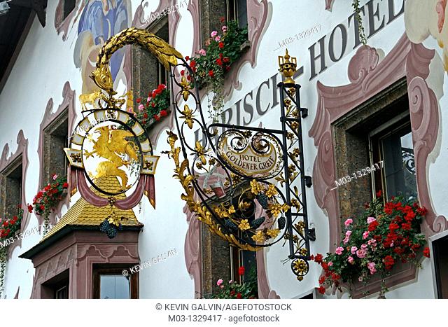 Austria Kitzbuhl Tirol Tyrol Old Town building detail signs Hotel Goldner Greif