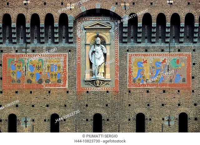 Italy, Europe, Milan, Francesco Sforza, Castello Sforzesco, castle, facade, Middle Ages