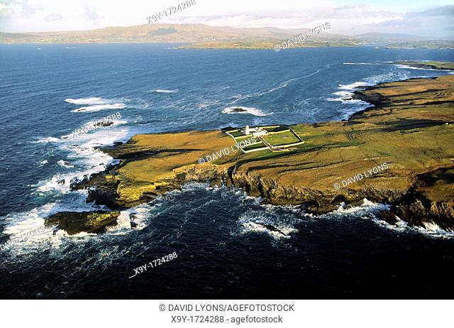 St  Johns Point lighthouse near Killybegs in Donegal Bay, County Donegal, Ireland  Aerial view