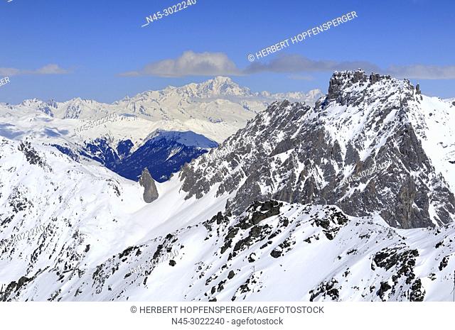 Monte Blanc 4810m, Mountain Range, Snow Scenery, Haute Savoie, Trois Vallees, Three Valleys, Ski Resort, France, Europe