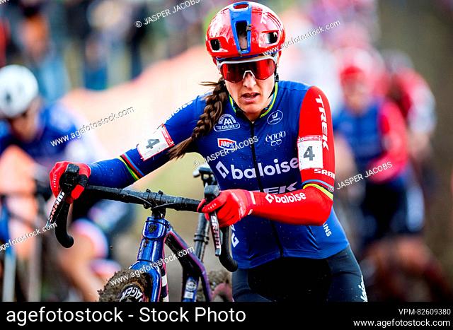 Dutch Lucinda Brand pictured in action during the women's elite race at the World Cup cyclocross cycling event in Namur, Belgium