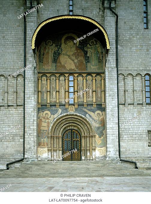 Religious images, including the Madonna and Child, surround the southern portal on the Cathedral of the Assumption or Cathedral of the Dormition The Cathedral...