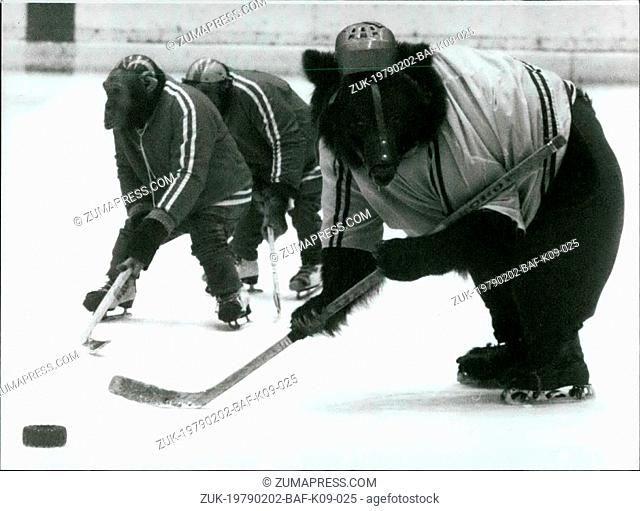 Feb. 02, 1979 - 'Gon on for the bully' : 'Roman' asks his opponent 'Toni', the chimpanzee. This is a scene of a very unusual ice-hockey match
