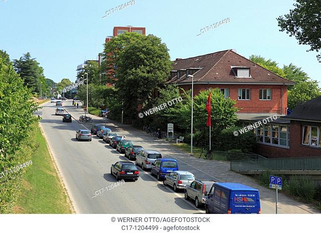 Germany, Kiel, Kiel Fjord, Baltic Sea, Schleswig-Holstein, Seehof at the Duesternbrooker Weg, restaurant and cafe, traffic road, car traffic, parking cars