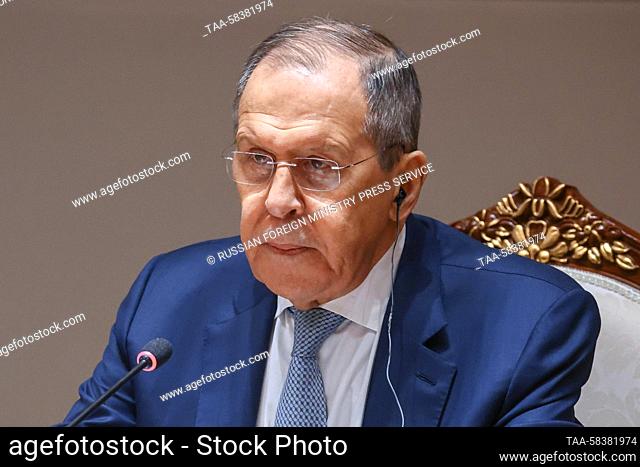 UZBEKISTAN, SAMARKAND - APRIL 13, 2023: Russia's Foreign Minister Sergei Lavrov attends a bilateral meeting with his Chinese counterpart Qin Gang on the...