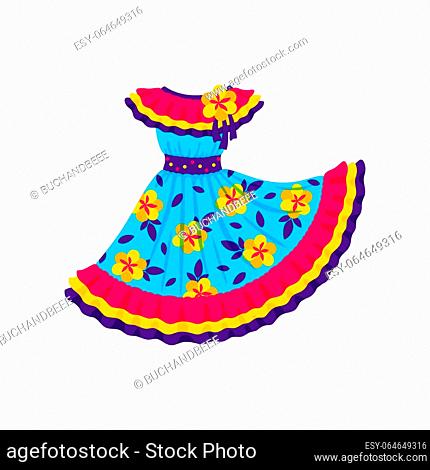 Barranquilla carnival holiday dress, traditional spanish clothing for woman. Vector Colombian carnival traditional Garabato dance costume