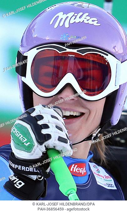 Tina Maze of Slovenia reacts in the finish area during the first run of the women's Super Combined event at the Alpine Skiing World Championships in Schladming