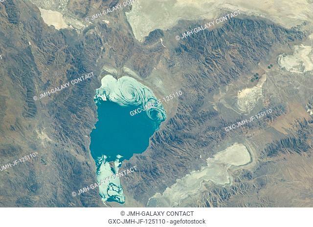 Pyramid Lake in Nevada is featured in this image photographed by an Expedition 25 crew member on the International Space Station (ISS)