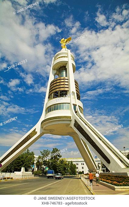 Arch of Neutrality with 12m high gold statue of Niyazov which revolves to follow the sun throughout the day, Ashkabad, Turkmenistan